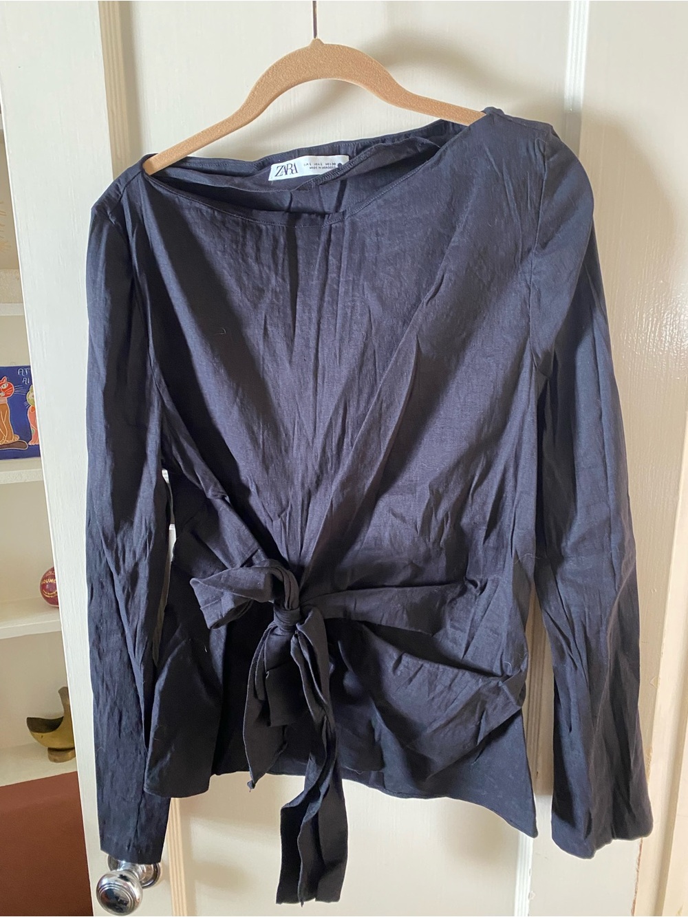 Zara Navy Long-Sleeve Tie-Front Blouse